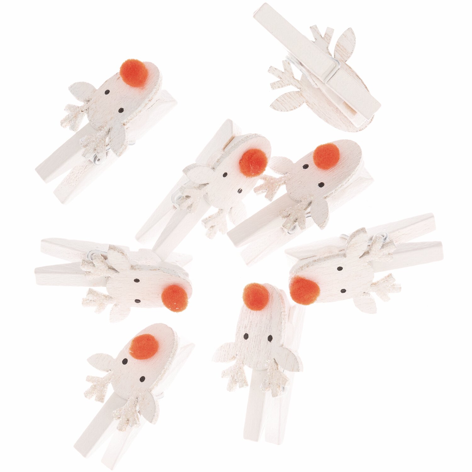 Dekoklammern Rentier 3cm 8 Stück in Weiß mit roten Nasen, ideal für festliche Dekorationen.