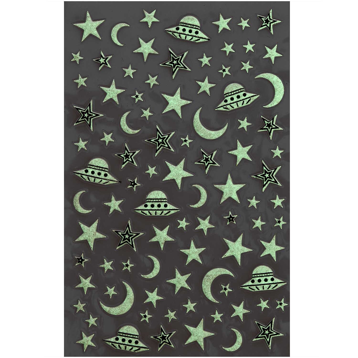 Paper Poetry Leuchtsticker Weltall: Glow-in-the-dark Sticker mit Sternen, Monden und UFOs auf schwarzem Hintergrund. Ideal für kreative Dekorationen.