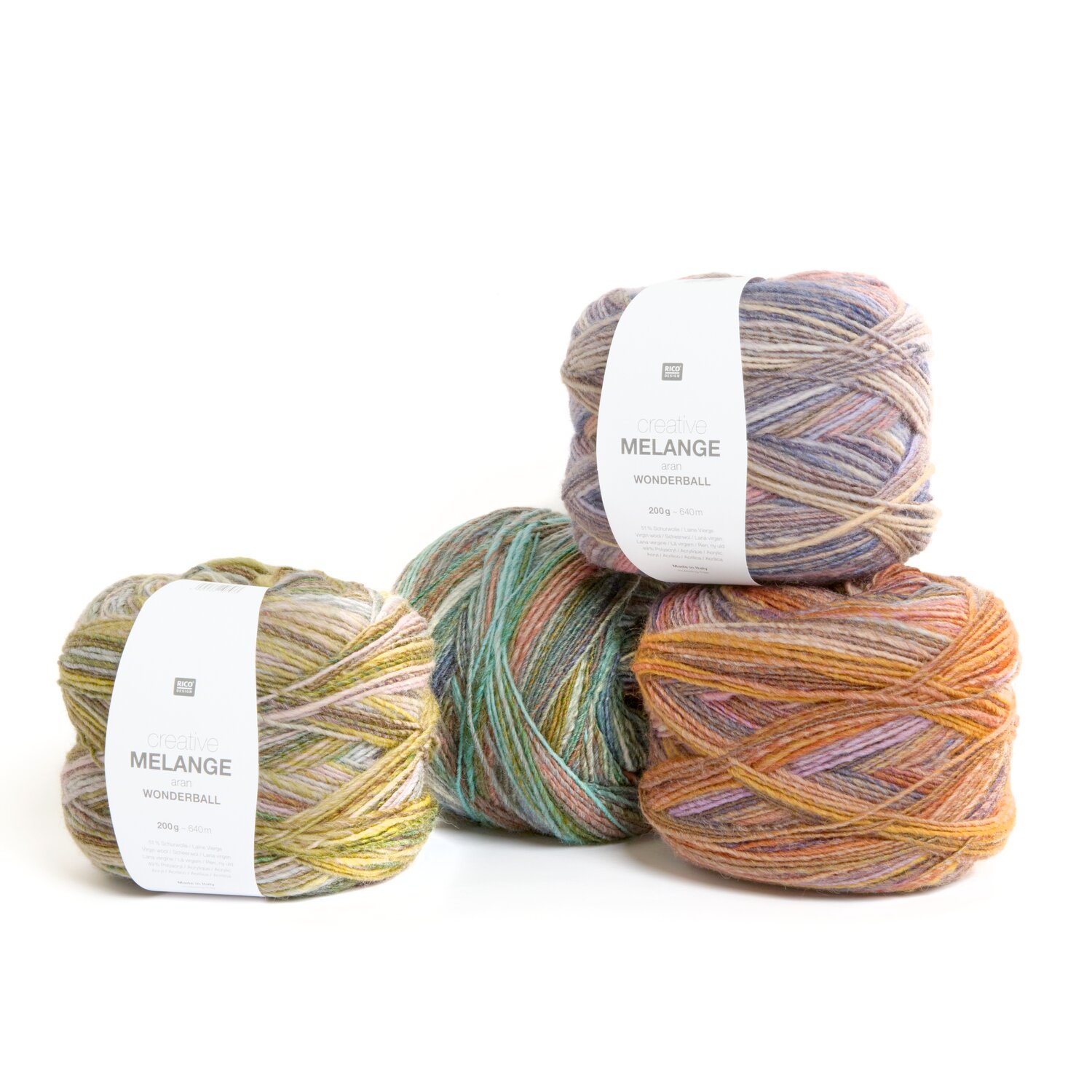 Creative Melange aran Wonderball, mehrfarbiges Rico Design Garn 200g 640m, lockere Wollknäuel in Winter Forest, Sea Corals, Summer Meadows und Falling Leaves