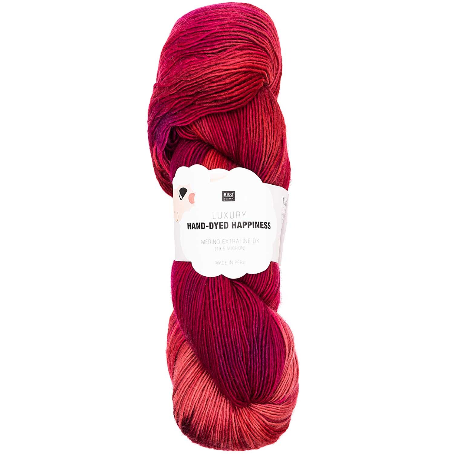 Luxury Hand-Dyed Happiness dk: Rotes Garn von Rico Design, 100g, 390m, ideal für kreative Strickprojekte.