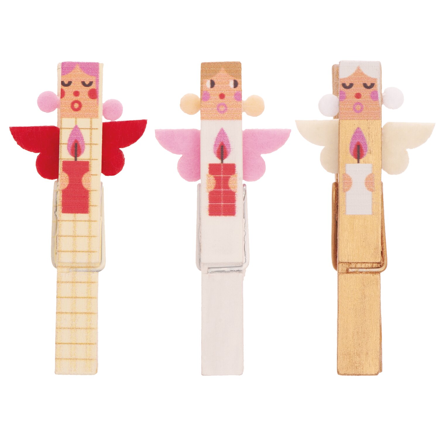 Dekoklammern Engel Mix weiß-gold 7cm 3 Stück: Drei bunte Engelklammern mit Flügeln und Kerzenmotiv. Ideal für festliche Dekorationen.