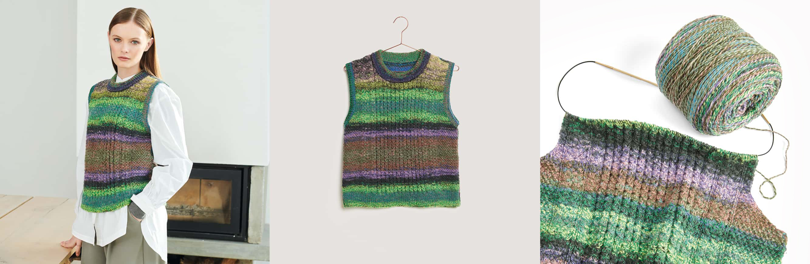 Gestrickter Pullunder Modell 37 aus Lovewool No. 19 getragen am Model und auf einem Kleiderbügel. Daneben Wollknäuel und Strickstück mit Grün-Lila Verlauf an einer Rundstricknadel