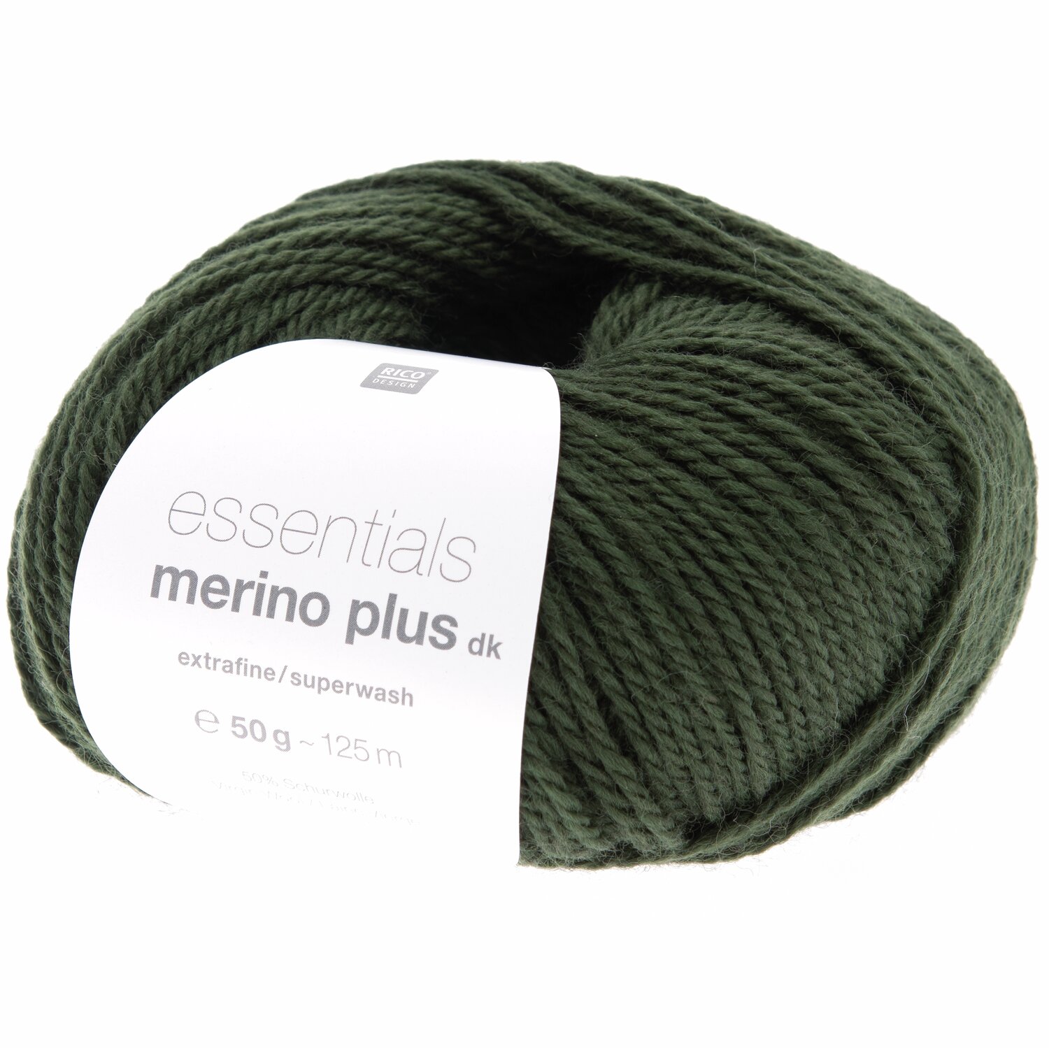 Essentials Merino Plus DK, extrafeine Wolle in Dunkelgrün, 50g Knäuel, ideal für Strickprojekte.