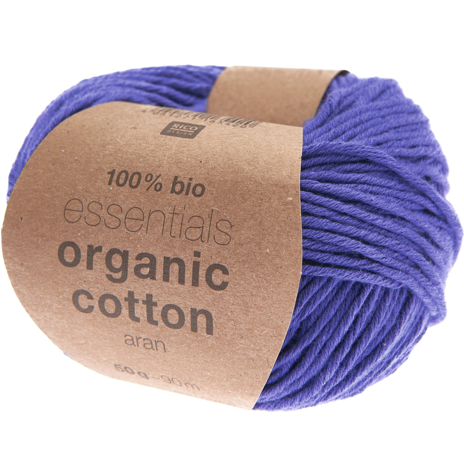 Essentials Organic Cotton aran: Violette Garnrolle von Rico Design, 50g, 90m, aus 100% Bio-Baumwolle. Ideal für umweltfreundliche Strickprojekte.