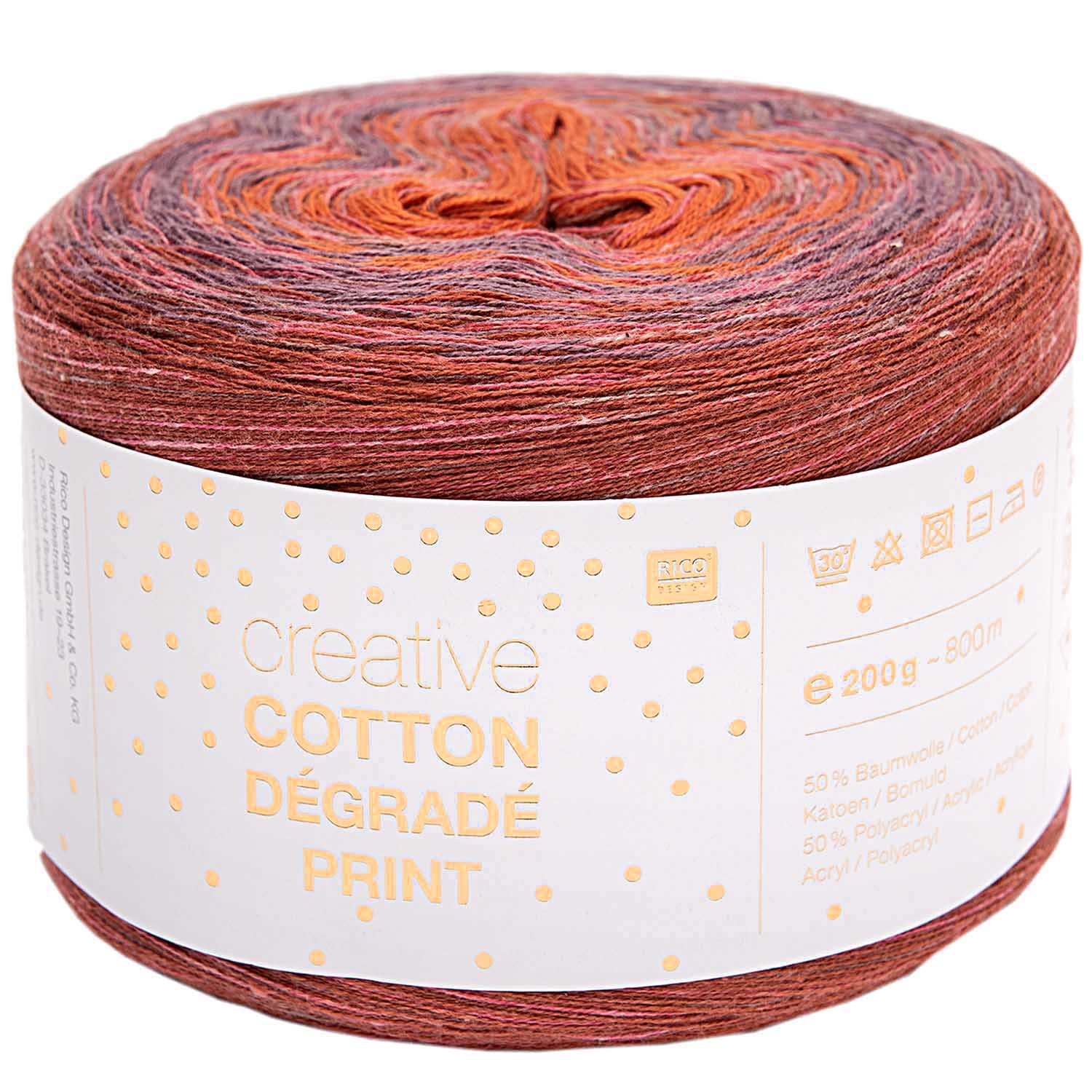 Creative Cotton Dégradé Print 200g 800m Farbe Rot-Orange von Rico Design Creative Cotton Dégradé Print: Garnrolle in Rot-Orange von Rico Design, 200g, 800m, ideal für Strickprojekte.