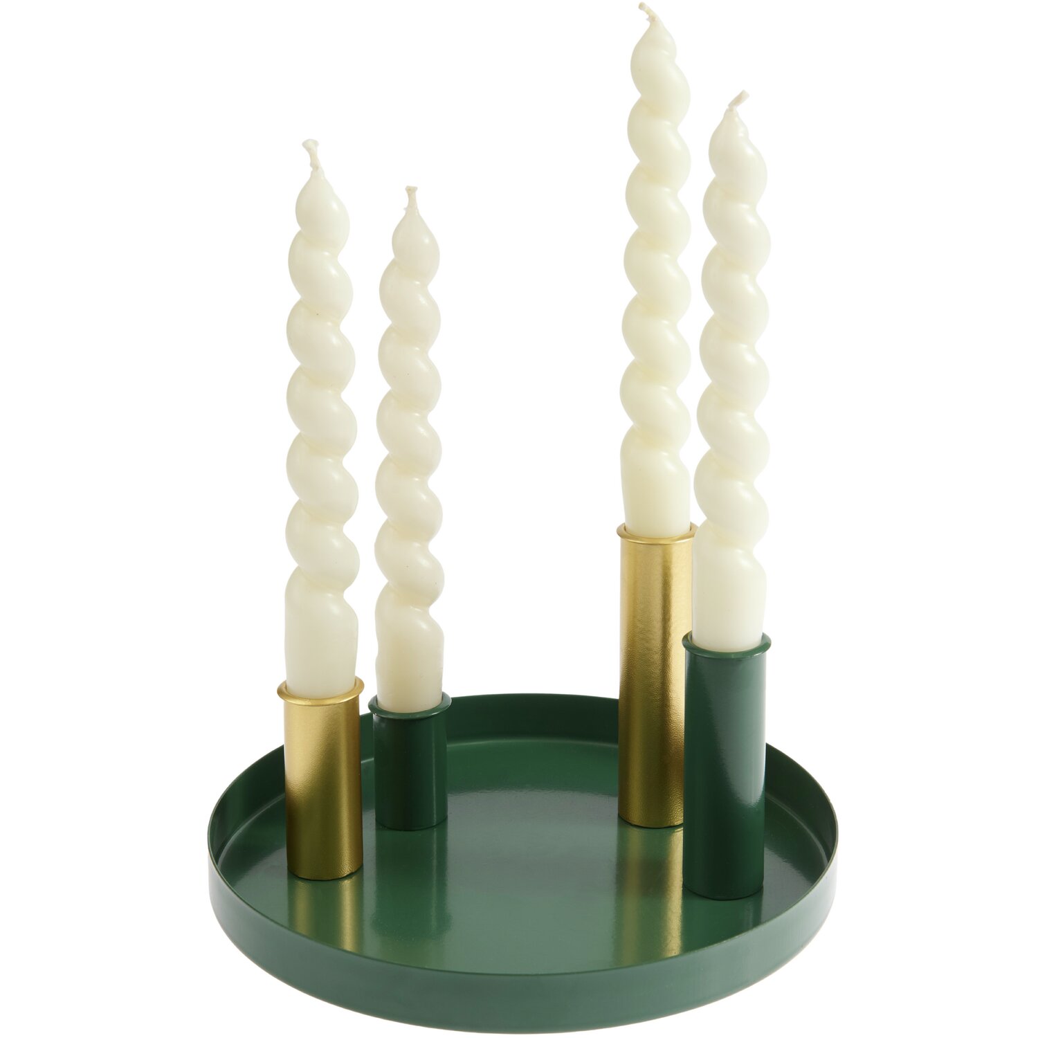 Metalltablett inkl. 4 magnetischen Kerzenhalter, Ø20cm, in Grün/Gold von Rico Design. Ideal für stilvolle Dekoration.