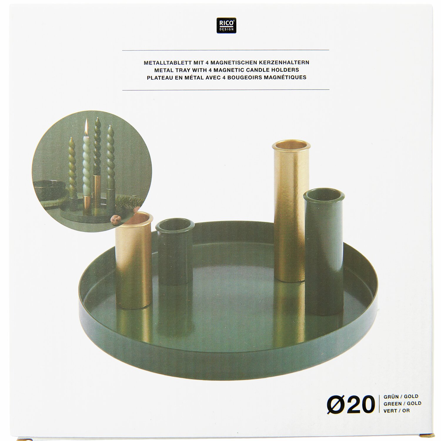 Metalltablett inkl. 4 magnetischen Kerzenhalter  Ø20cm Farbe Grün/Gold von Rico Design