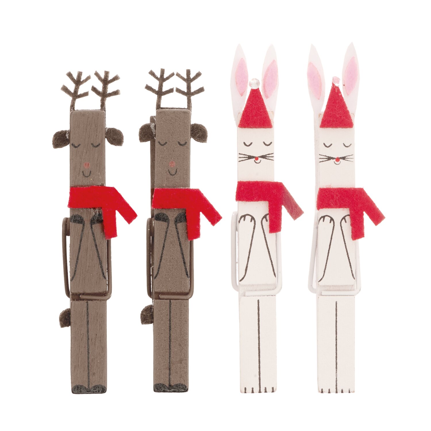 Dekoklammern Rentier Hase Mix 7cm 4 Stück: Niedliche, mehrfarbige Klammern mit Rentier- und Hasenmotiven, ideal für festliche Dekorationen.