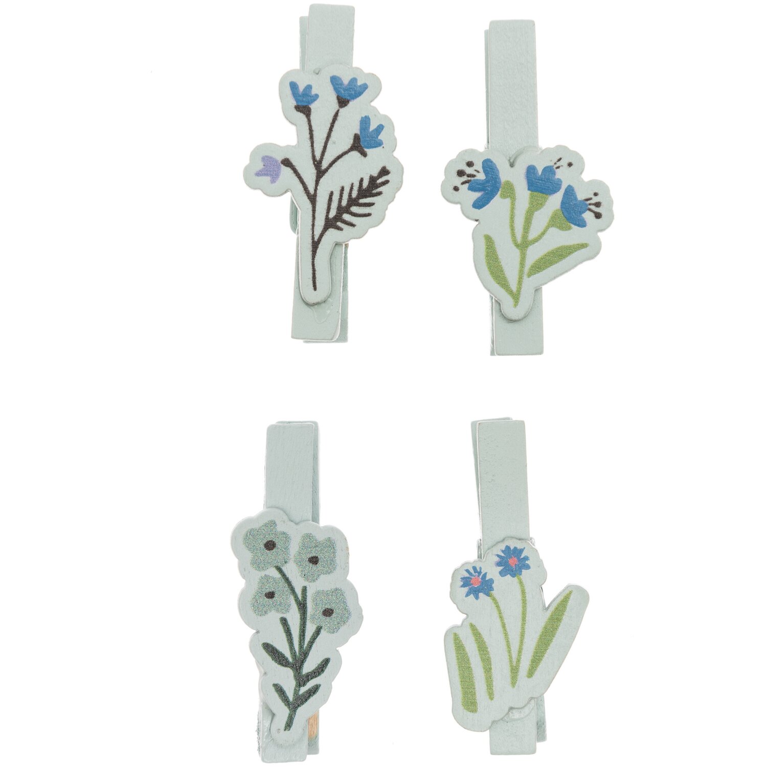 Dekoklammern Blumen Mix mint 4 Stück mit floralen Motiven in Blau und Grün von Rico Design.