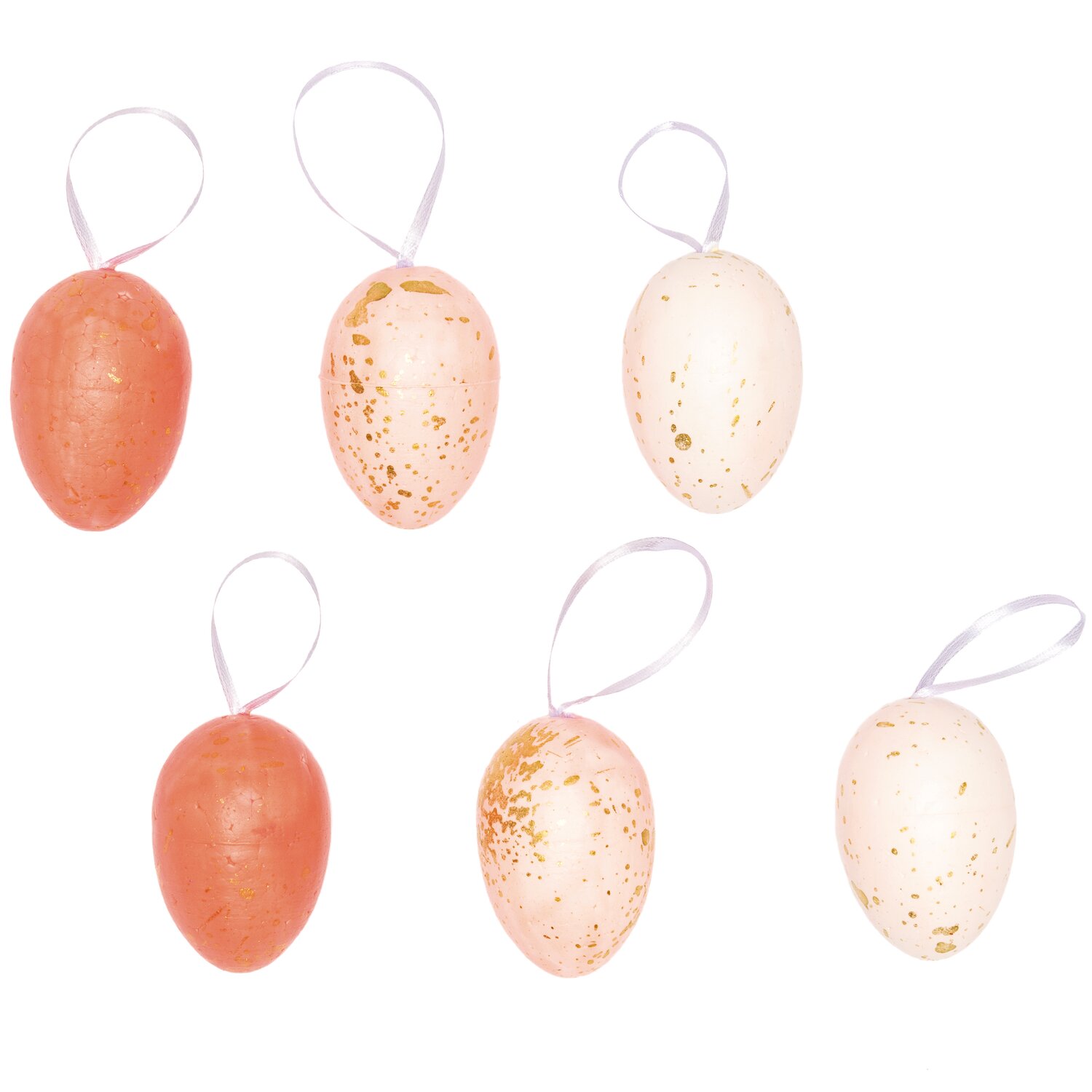 Eier zum Hängen rosa-gold Mix 6cm 6 Stück, dekorative Ostereier in zarten Rosatönen mit goldenen Akzenten.