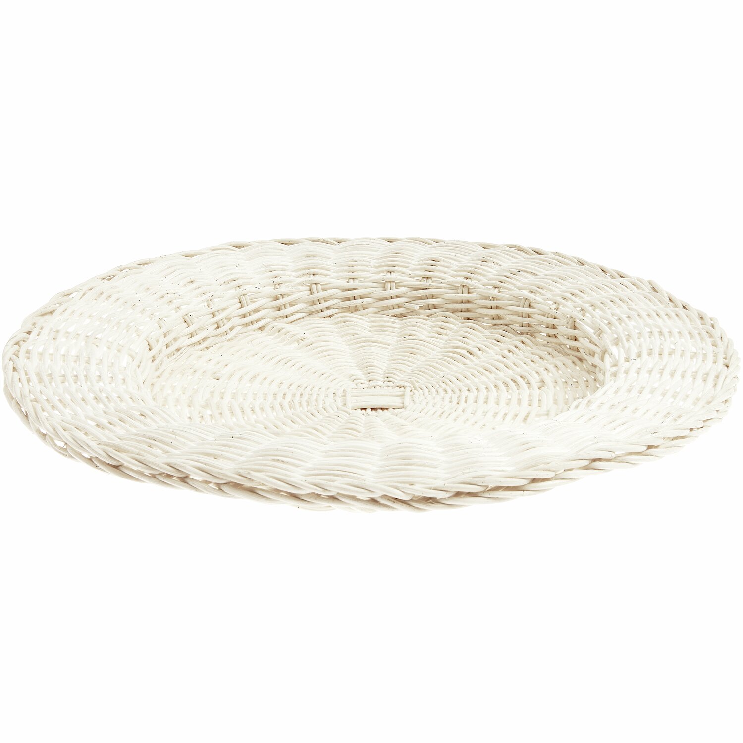 Rattan Deko-Teller Weiß: Eleganter, geflochtener Teller aus Rattan, ideal für stilvolle Dekorationen. Maße Ø34x4cm.
