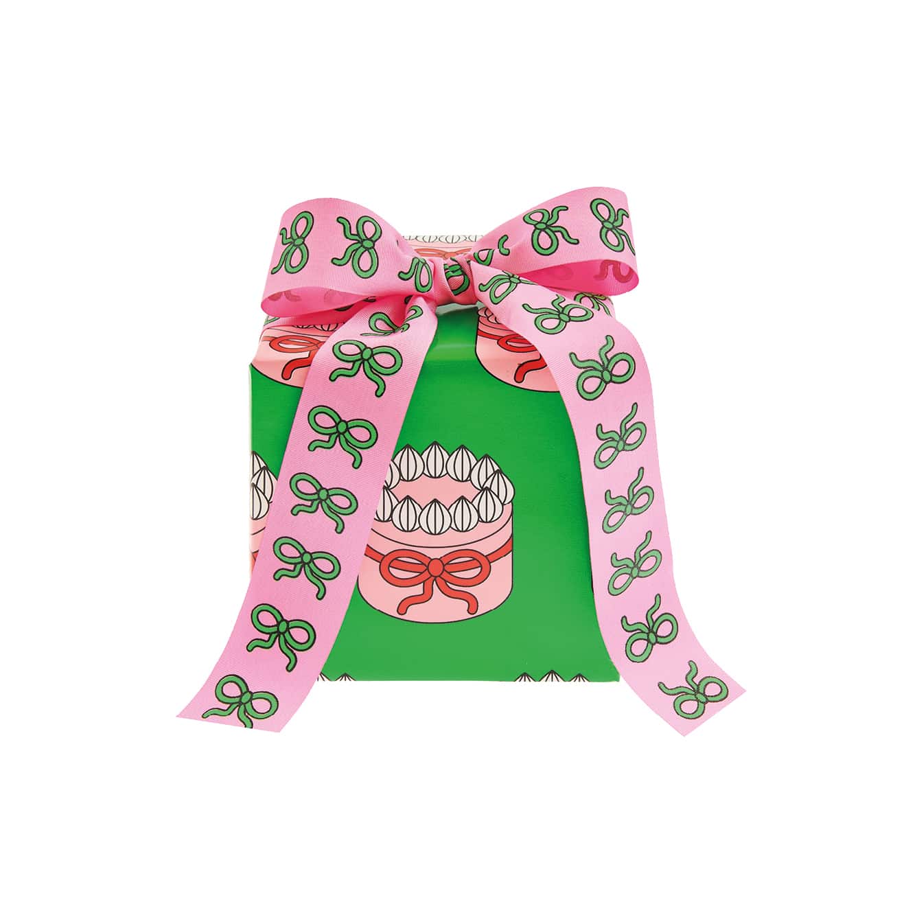 Ein verpacktes Geschenk mit Schleife, verpackt in Geschenkpapier mit Torten