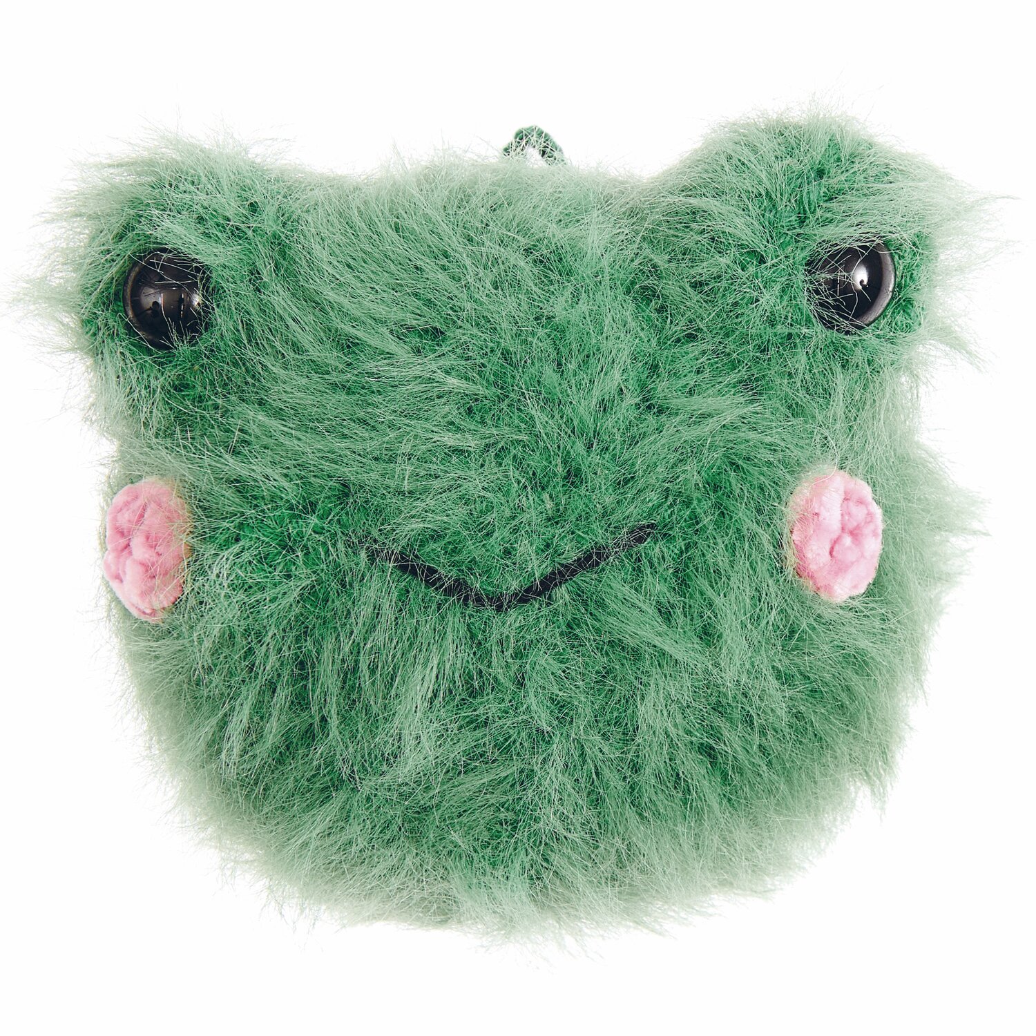 Creative Ricorumi dk 25g Farbe Tanne von Rico Design Ricorumi Furry Animals, ein grünes, flauschiges Tiergesicht mit schwarzen Sicherheitsaugen und rosa Wangen. Ideal für kreative Projekte.