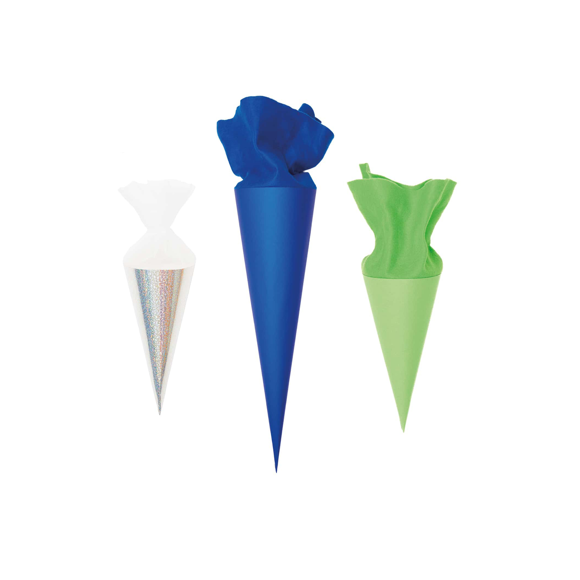 Drei Schultütenrohlinge in silber, blau und grün