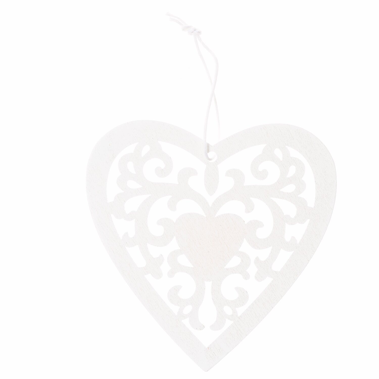 Holzanhänger Ornament Weiß: Herzförmiger Anhänger mit filigranem Muster, ideal für Dekorationen.