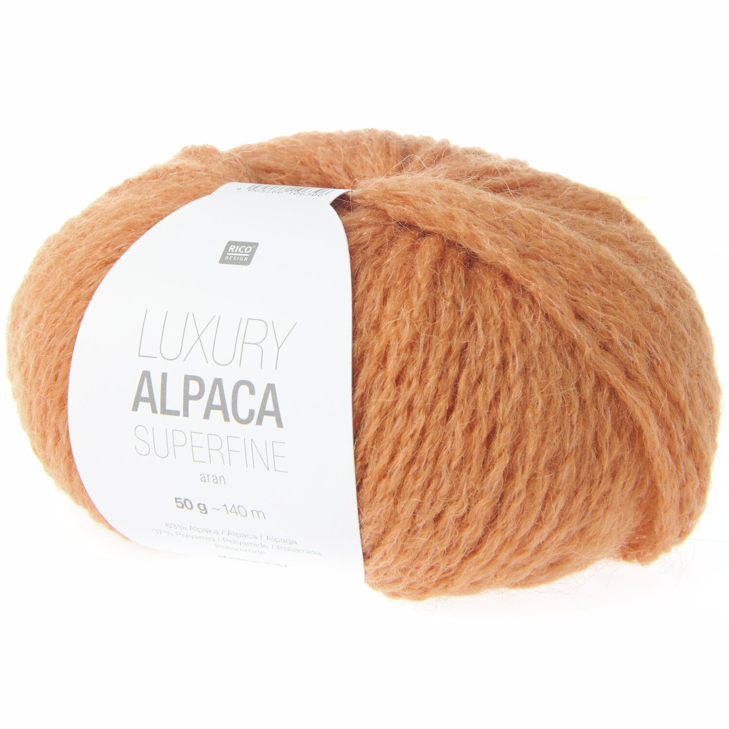 Rico Luxury Alpaca Superfine aran, weiches Garn in warmem Orange, 50g Knäuel, 140m Länge. Ideal für hochwertige Strickprojekte.