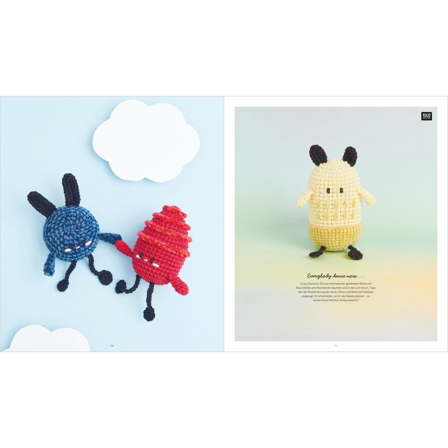 Ricorumi Rainbow Weirdos von Rico Design: Drei gehäkelte Figuren in Blau, Rot und Gelb auf hellem Hintergrund.