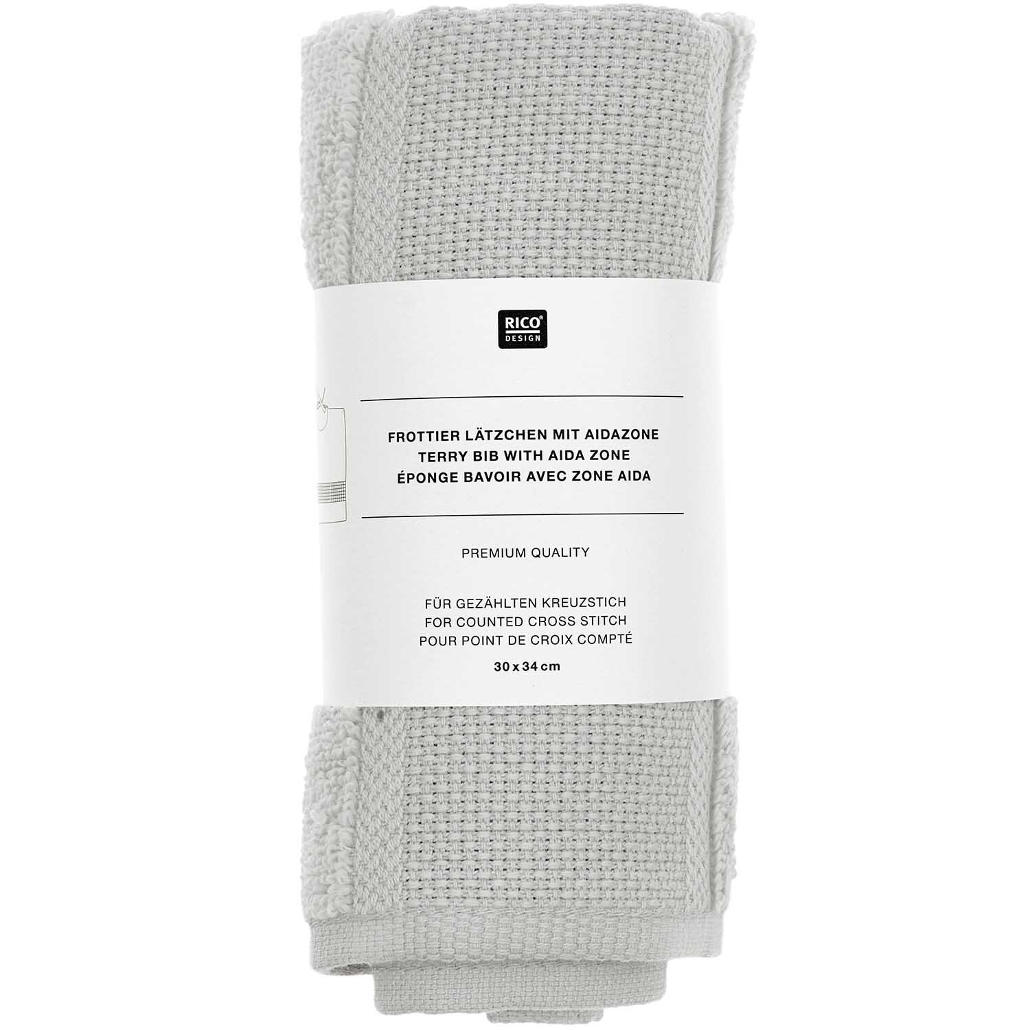 Lätzchen von Rico Design in Hellgrau, 30x34cm, GOTS-zertifiziert. Ideal für Kreuzstich, hochwertige Verarbeitung.