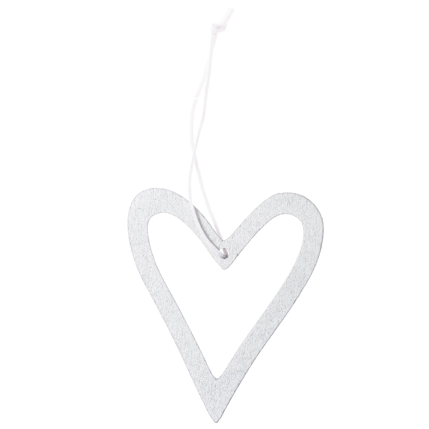 Holzhänger Herz offen silber von Rico Design: Ein eleganter, herzförmiger Anhänger in Silber mit offenem Design und Aufhängeschnur.