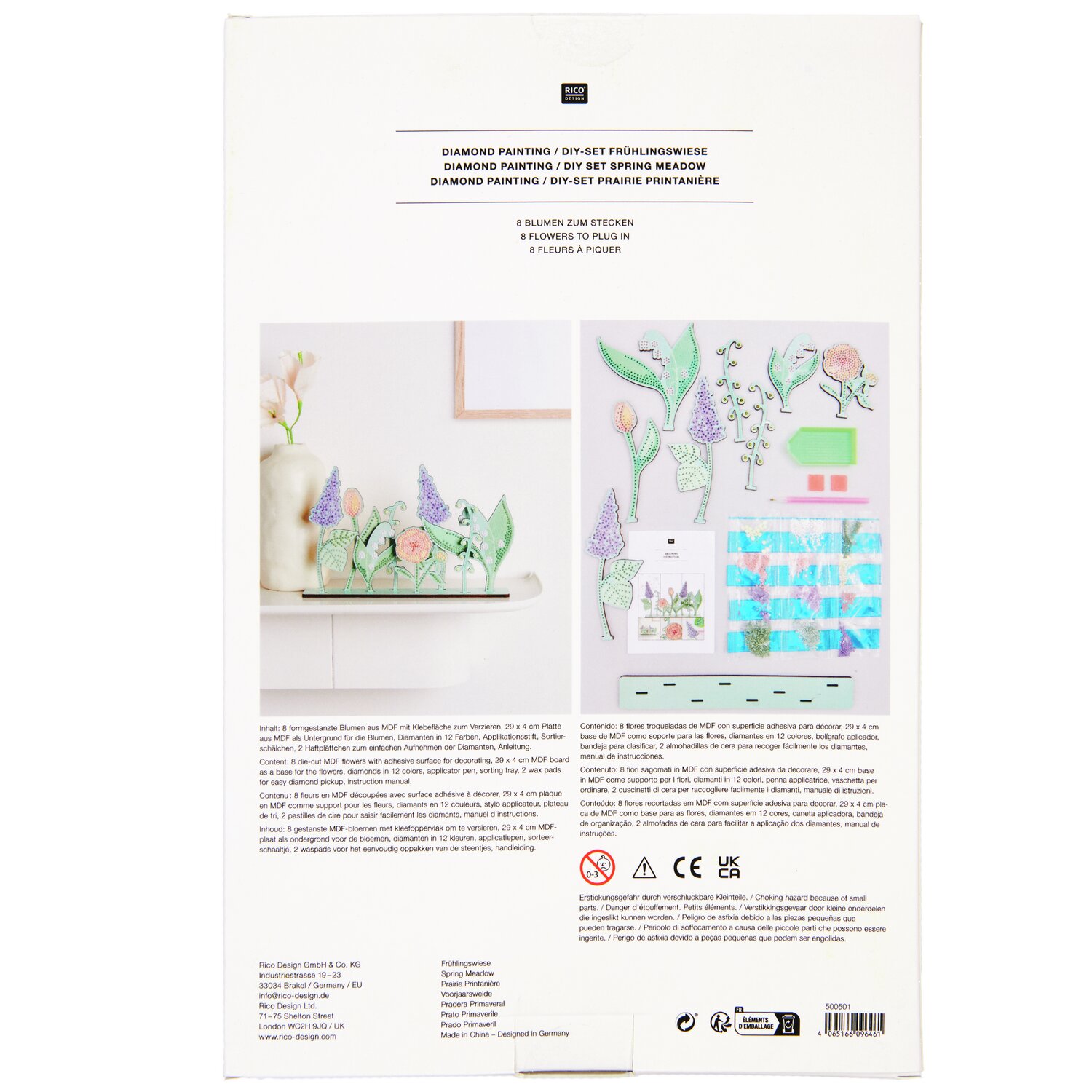 Diamond Painting DIY-Set Frühlingswiese 31x18,5cm, 26-teilig. Kreatives Set mit floralen Motiven in Pastellfarben, ideal für Bastelprojekte.