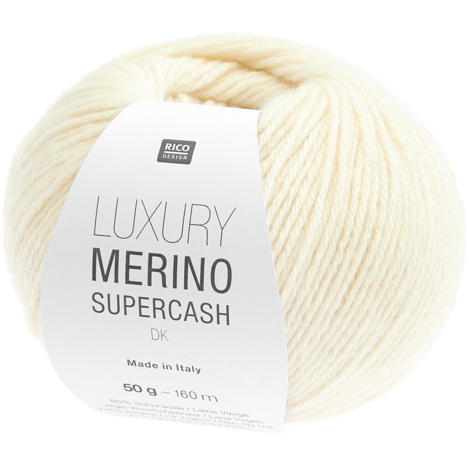 Luxury Merino Supercash dk, weiches cremefarbenes Garn von Rico Design, 50g, 160m, ideal für Strickprojekte.