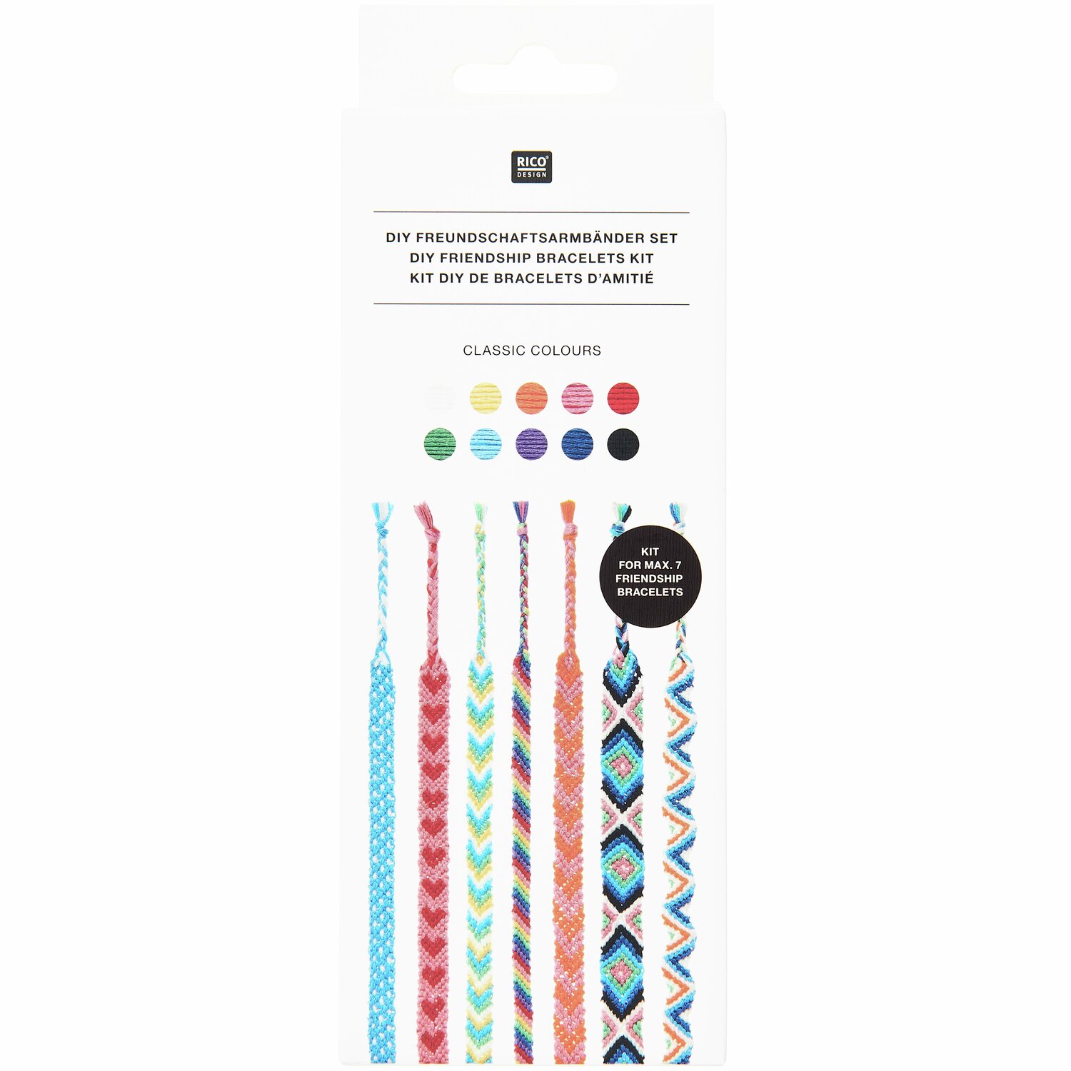 DIY Freundschaftsarmbänder Set Classic Colours: Bunte Fäden für kreative Armbänder. Ideal für bis zu sechs Designs. Marke: Rico Design.