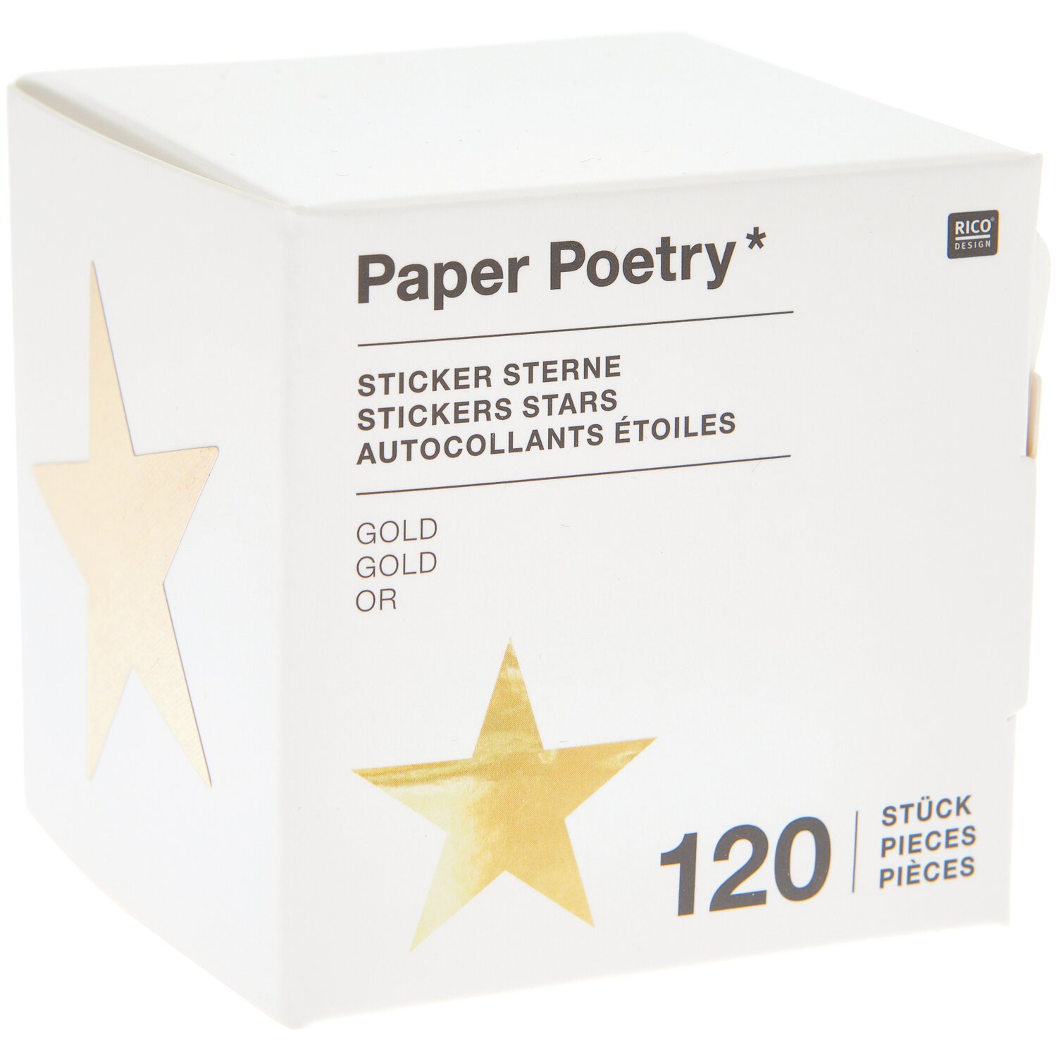 Paper Poetry Sticker Sterne 5cm 120 Stück auf der Rolle Hot Foil. Goldene Sterne von Rico Design in einer weißen Verpackung.
