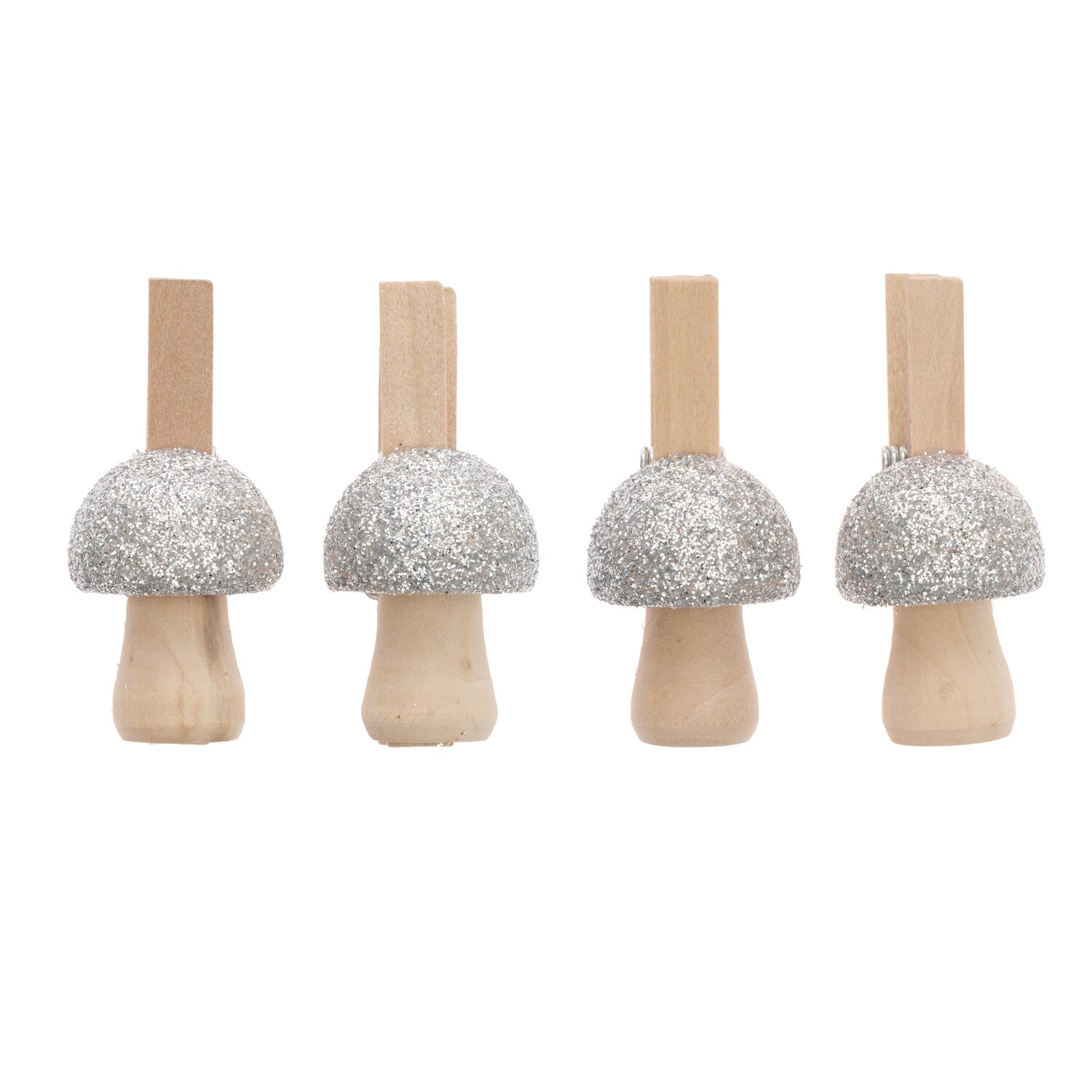 Dekoklammern Pilz mit Glitter silber, 4 Stück. Holzklammern mit glitzernden Pilzköpfen. Ideal für kreative Dekorationen.