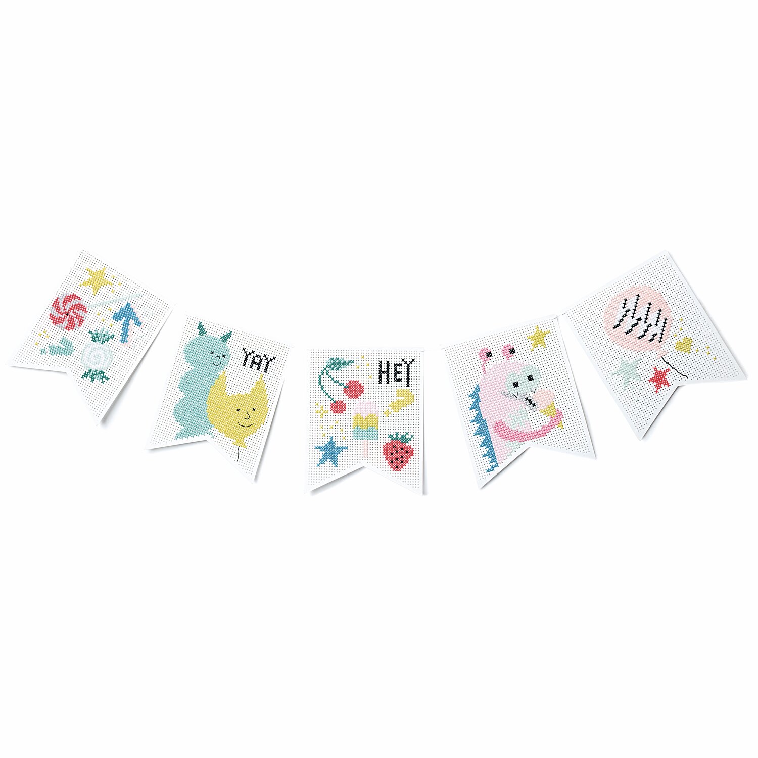 Stickpackung Wimpel Monsterparty 5 Stück zeigt bunte Wimpel mit fröhlichen Monstermotiven.