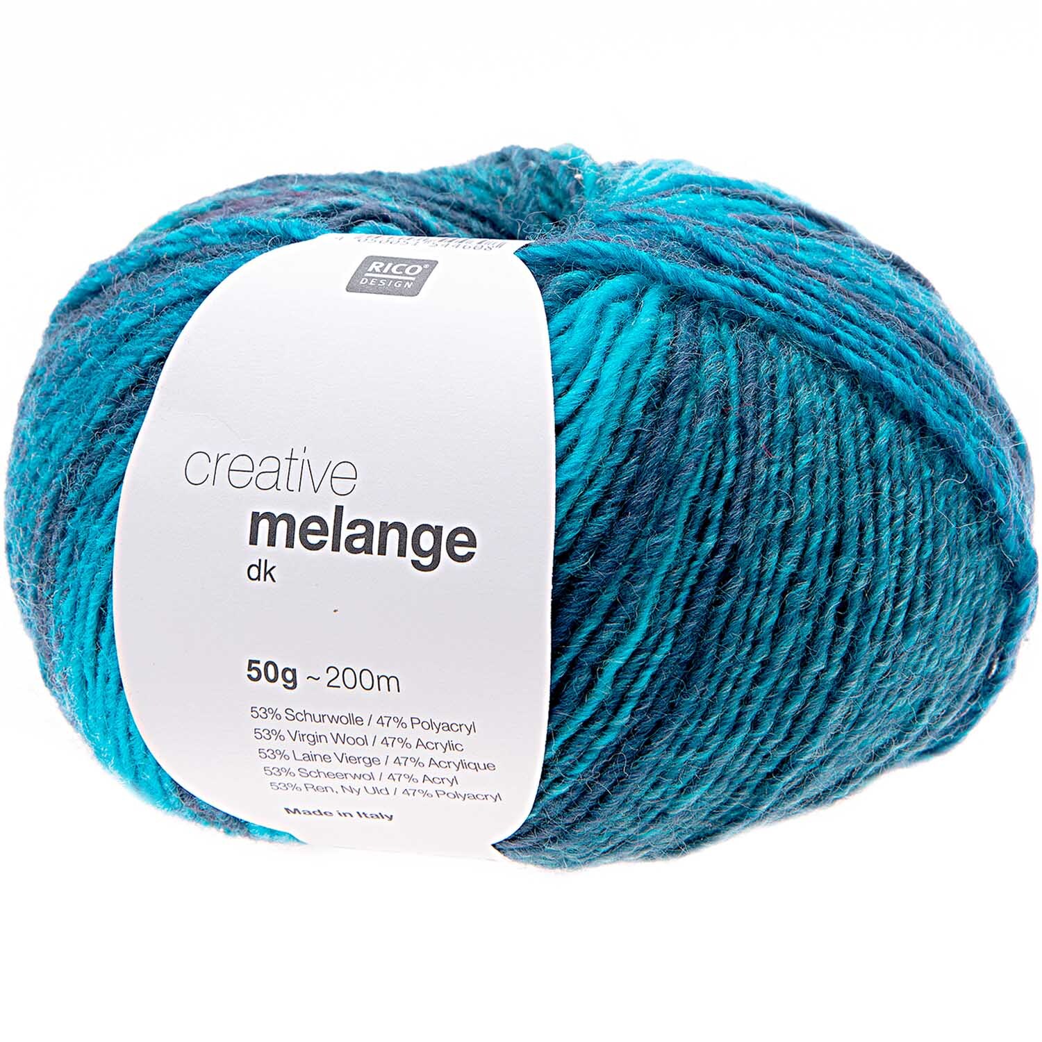 Creative Melange dk: Weiches Garn in Aqua Mix von Rico Design, 50g Knäuel mit 195m Lauflänge.