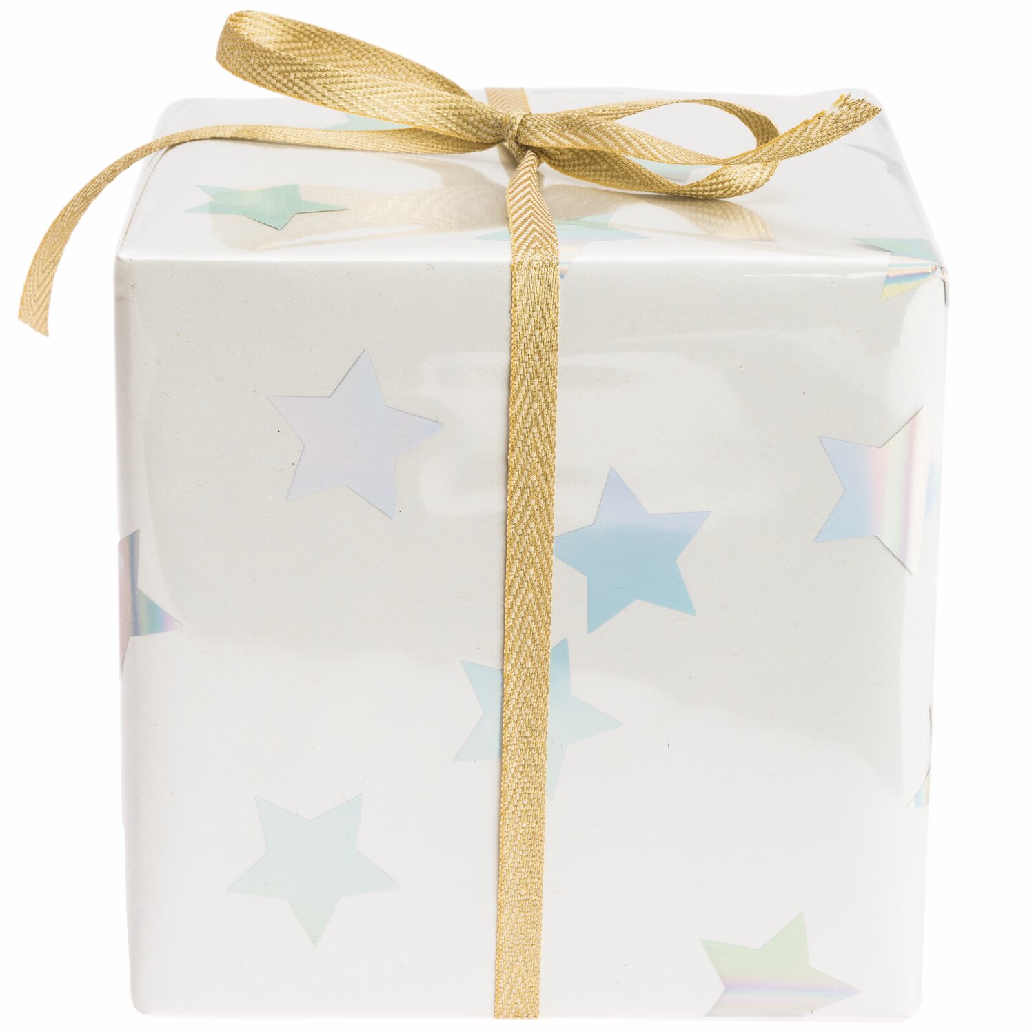 GESCHENKFOLIEN MIX WEIHNACHTEN: Weißes Geschenk mit schimmernden Sternen und goldener Schleife.