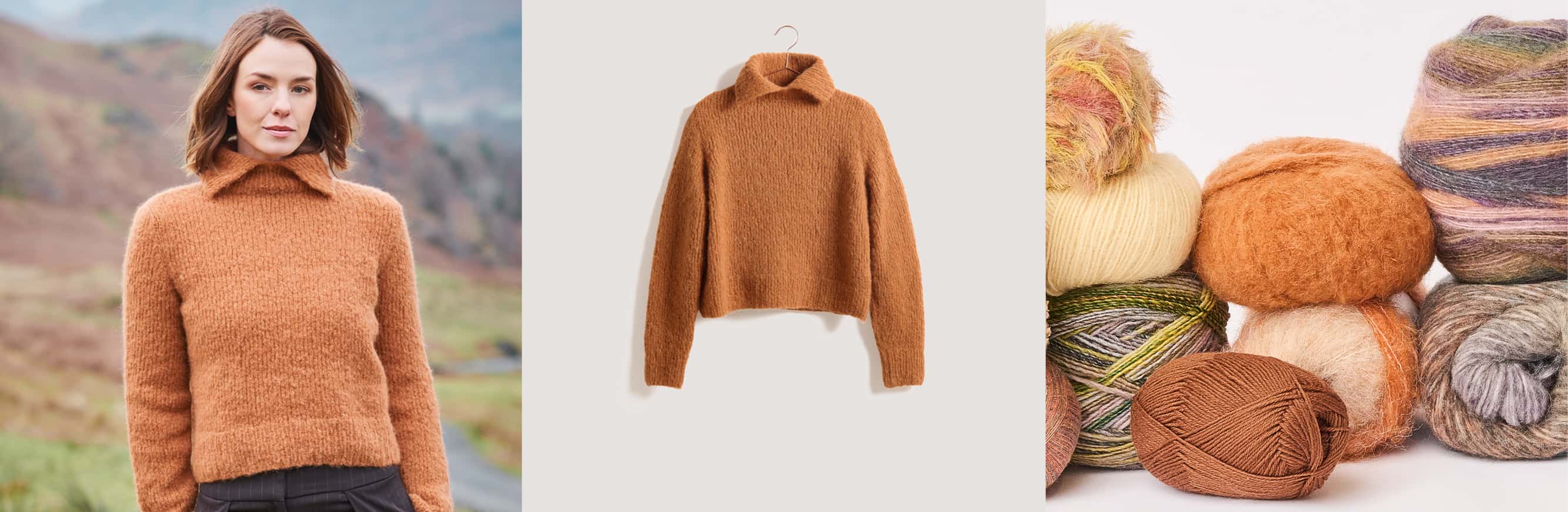 Gestrickter Pullover Modell 37 aus Lovewool No. 23 getragen von einer Frau und platziert auf einem Bügel. Daneben Wollknäuel in warmen Orange- und Brauntönen.