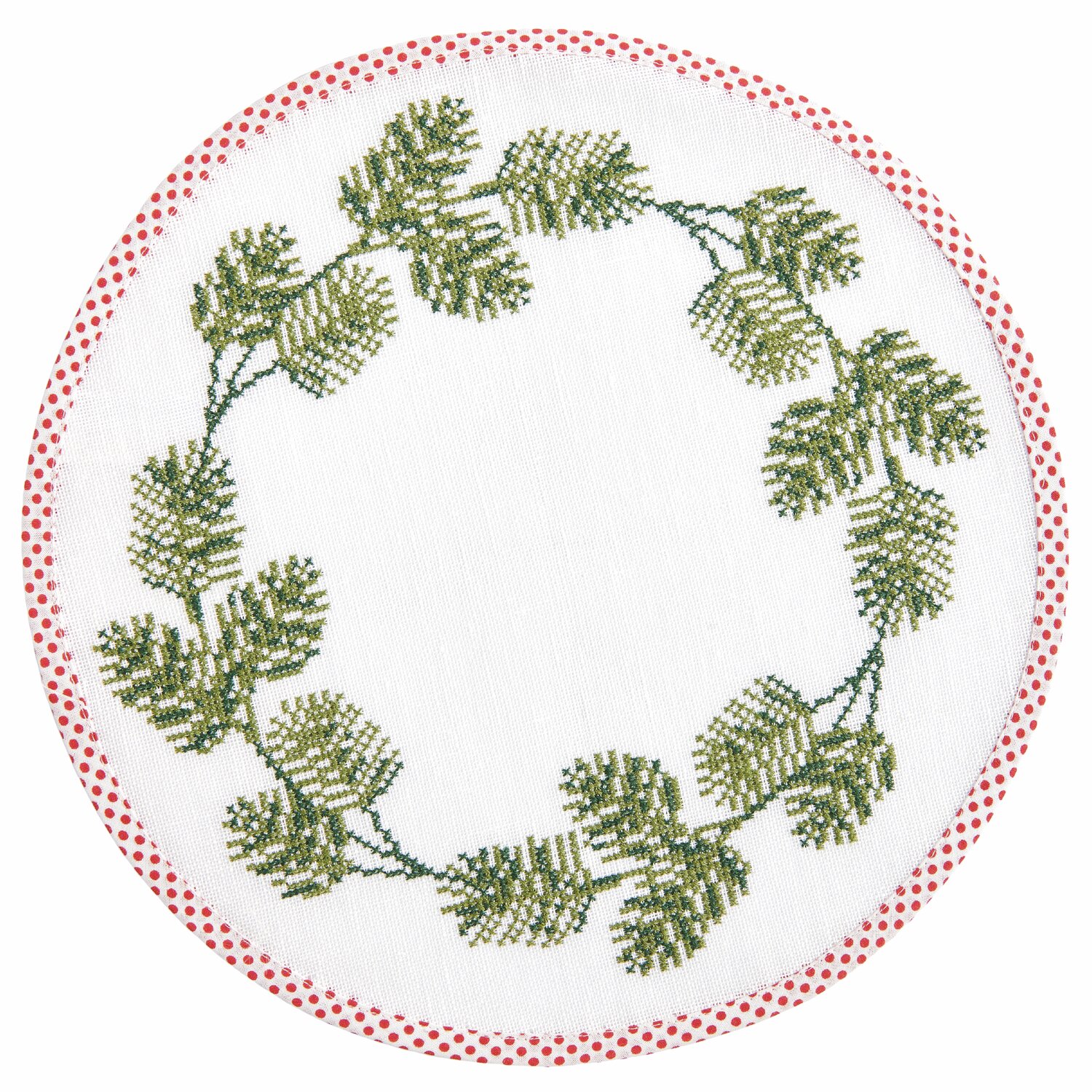 Stickpackung Platzsets rund Tannenzweige: Runde Platzsets mit Tannenzweigen-Muster, Ø30cm, 2 Stück, von Rico Design.