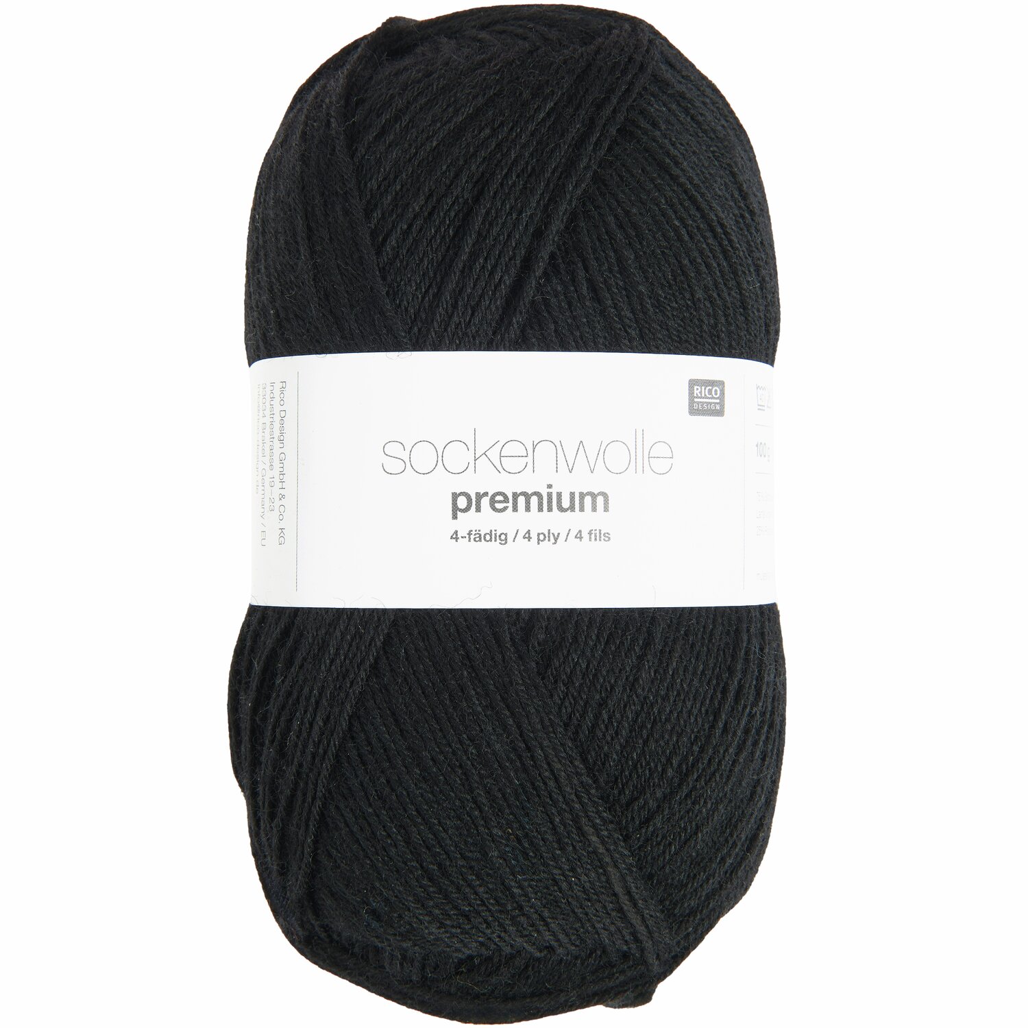 Sockenwolle Premium 4-fädig, 100g 380m, in tiefem Schwarz von Rico Design, ideal für Strickprojekte.