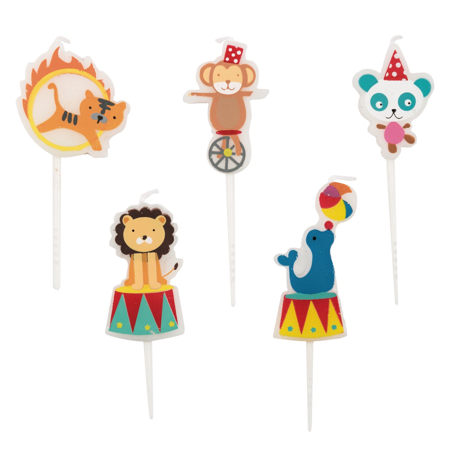 Kerzen Zirkus, 5 Stück, von Rico Design, zeigen fröhliche Tierfiguren auf Steckern für Kuchen und Partydeko in bunten Zirkusmotiven