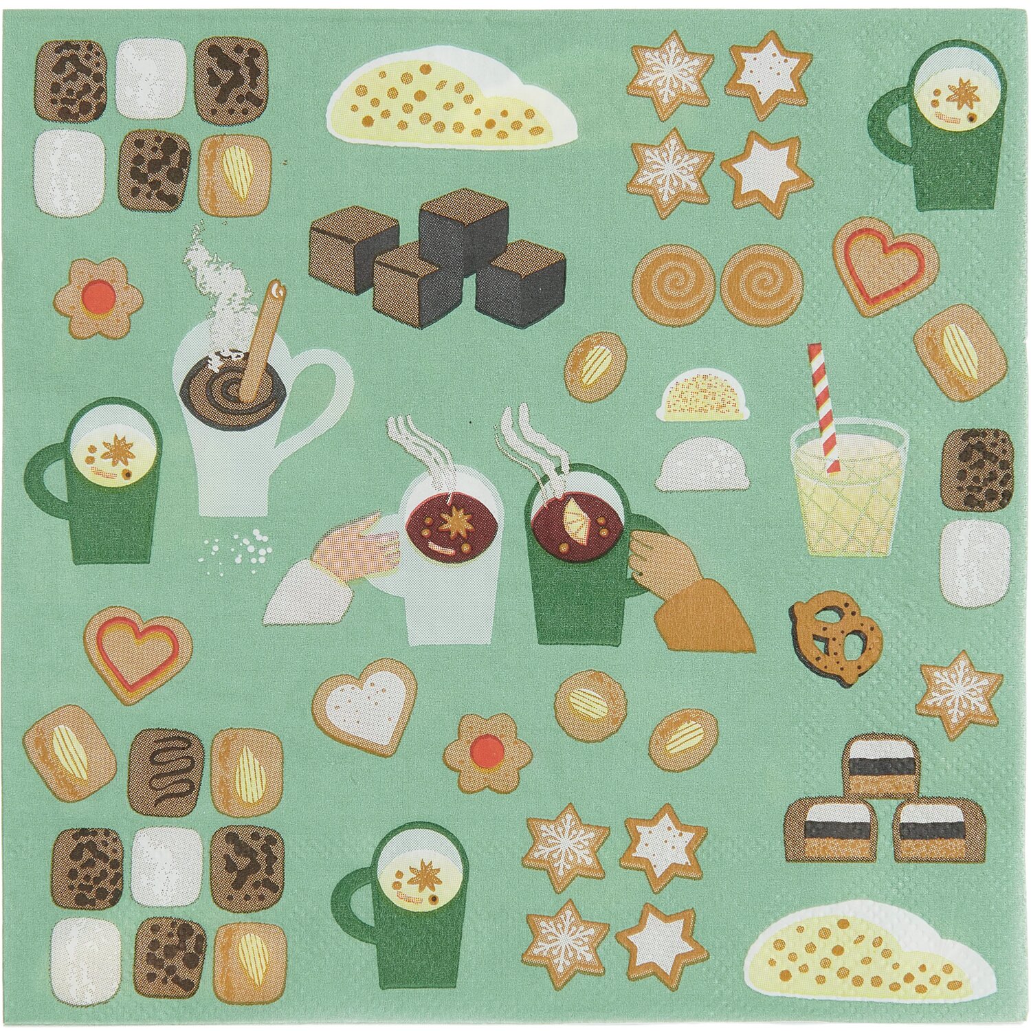 Servietten Weihnachtsgebäck mit festlichen Motiven wie Keksen, Tassen und Herzen auf grünem Hintergrund. 20 Stück von Rico Design.