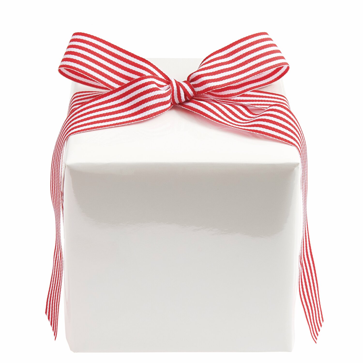 Geschenkpapier Lack 200x70cm 100g/m² Farbe Weiß von Rico Design Geschenkpapier Lack 200x70cm: Weißes Geschenk mit rot-weiß gestreifter Schleife, ideal für festliche Anlässe.