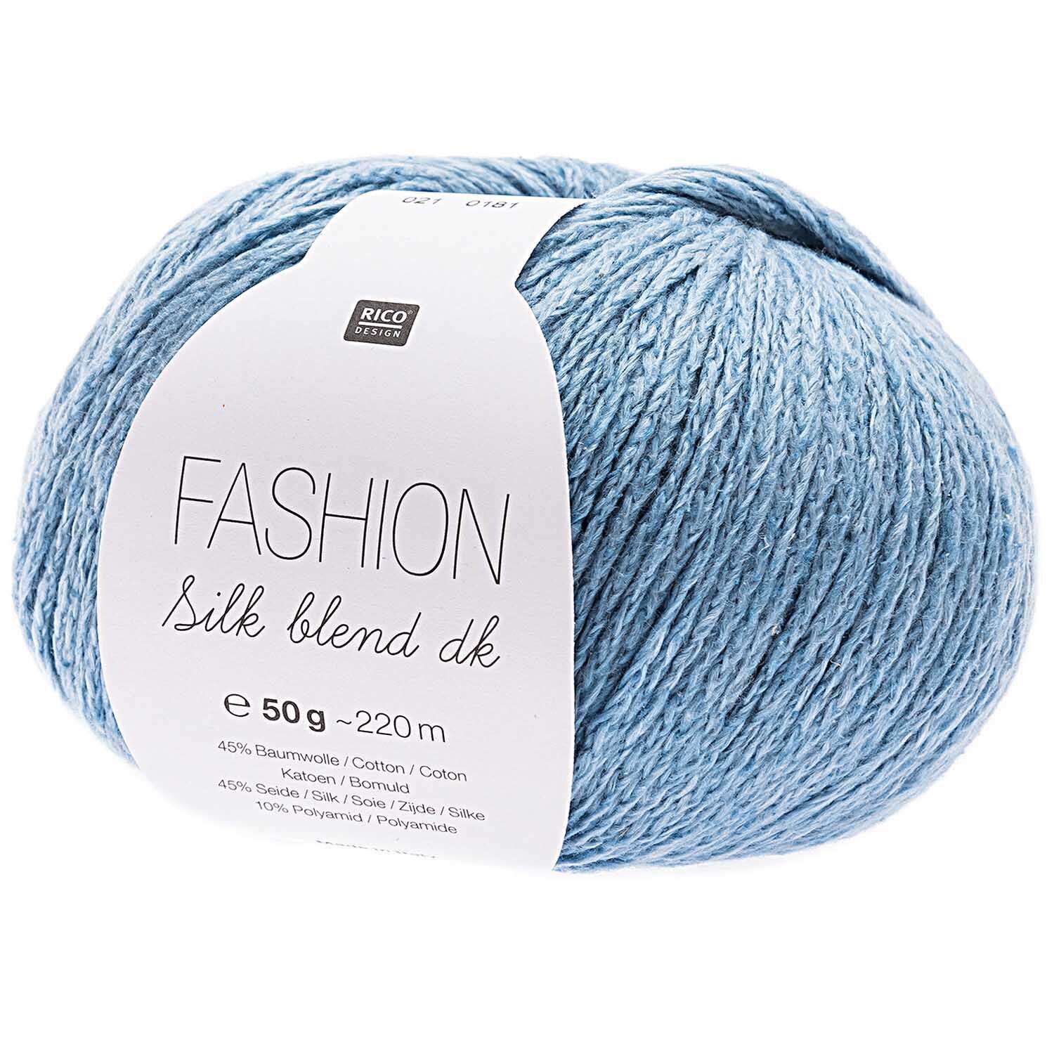 Fashion Silk Blend dk, hellblaues Garn von Rico Design, 50g Knäuel mit 210m Länge, ideal zum Stricken.