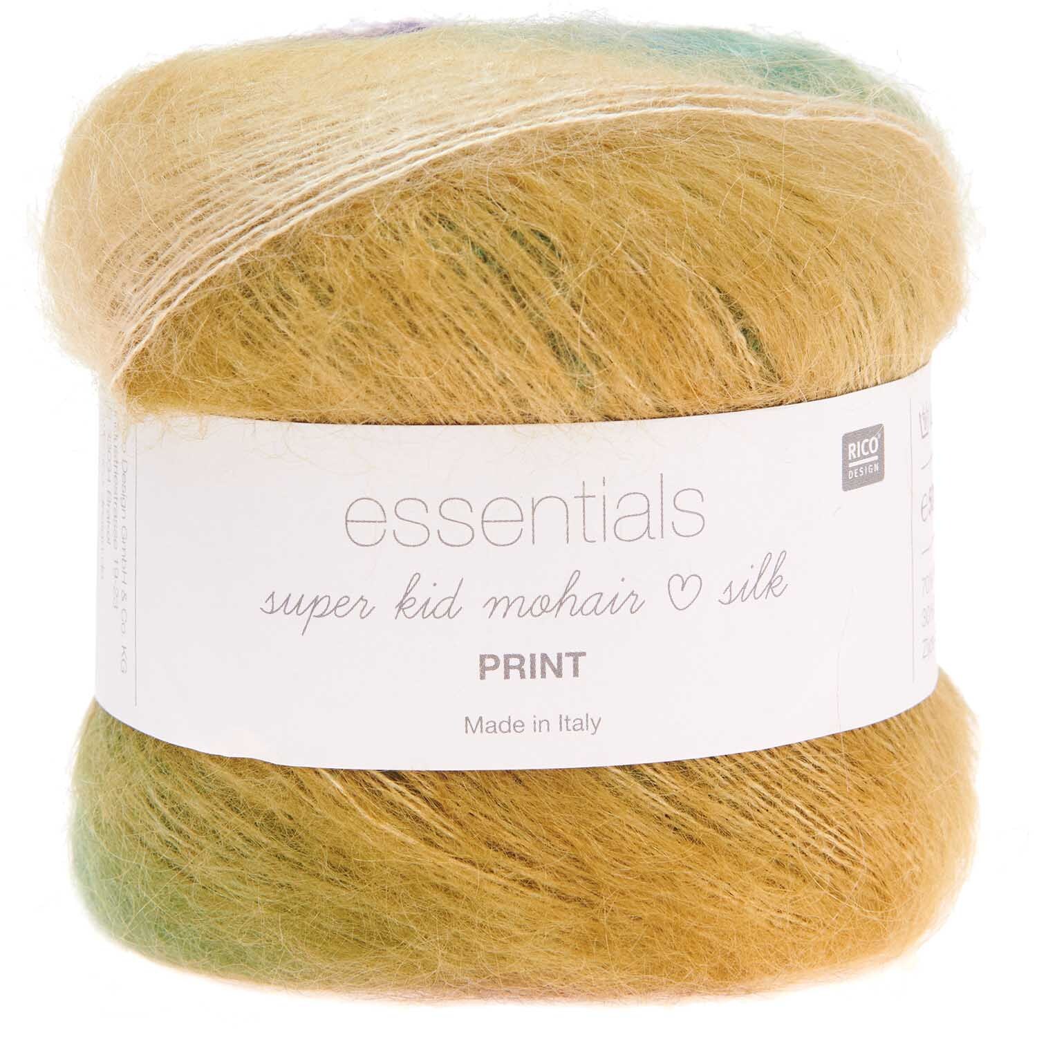 Essentials Super Kid Mohair Loves Silk Print: Weiches, mehrfarbiges Garn von Rico Design, ideal für Winterprojekte, 50g mit 375m Lauflänge.