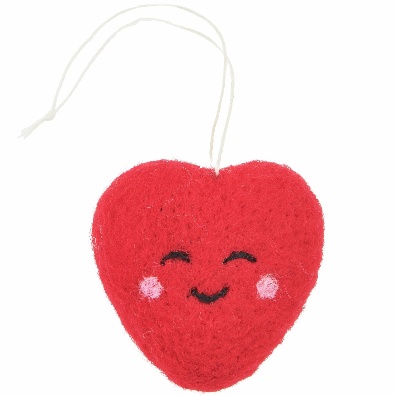 Aufhänger Filz-Herz 3D mit Gesicht Rot, 5x5x2cm. Fröhliches, rotes Herz aus Filz mit aufgesticktem Lächeln und rosa Wangen.