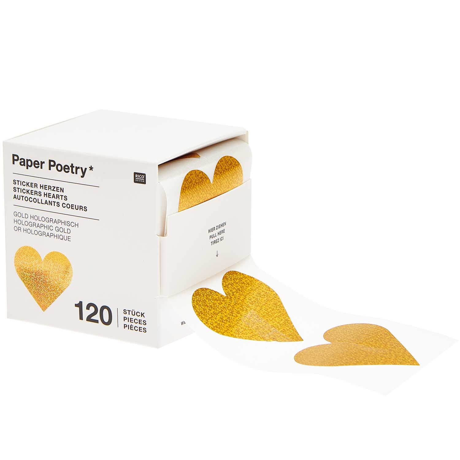 Paper Poetry Sticker Herzen, 120 Stück auf Rolle, gold-holographisch, ideal für Dekorationen.