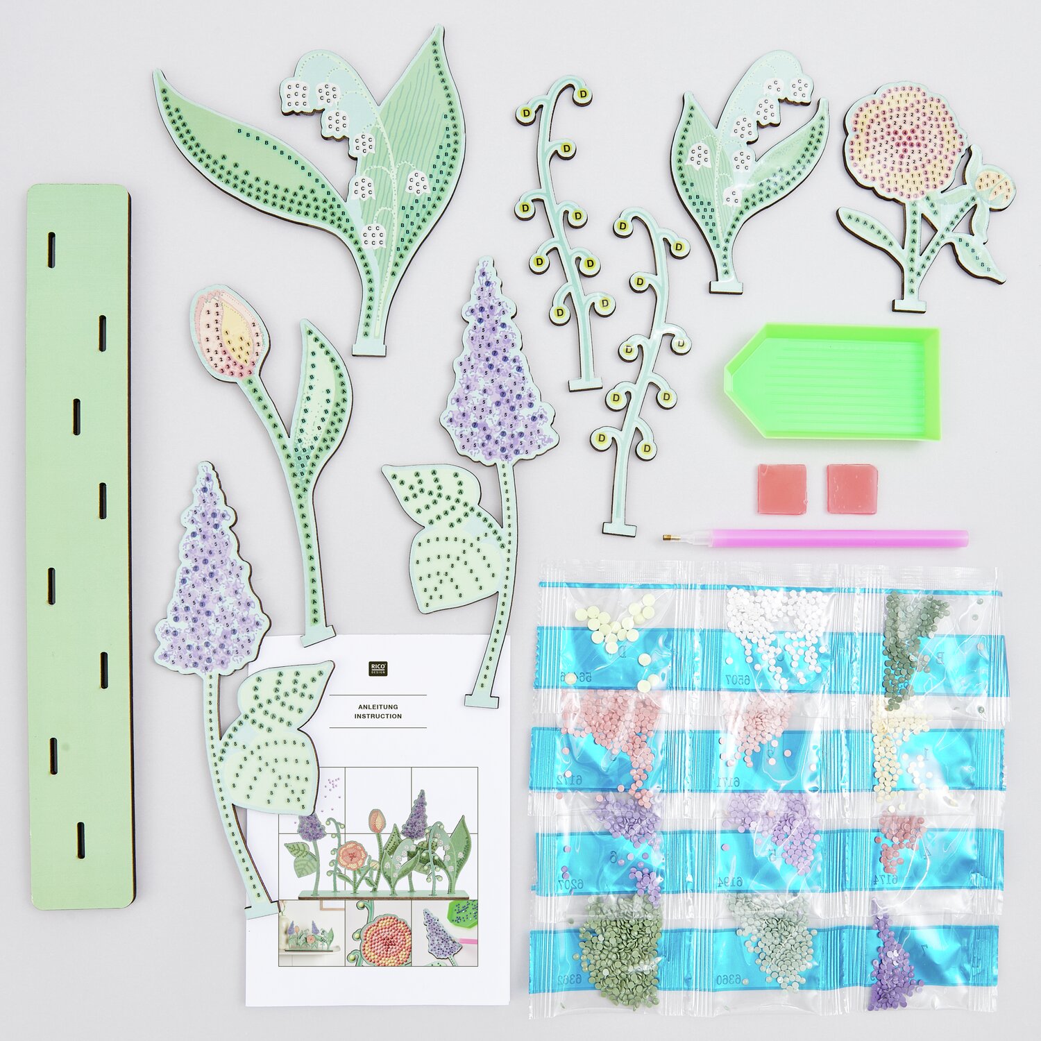 Diamond Painting DIY-Set Frühlingswiese 31x18,5cm, 26-teilig, mit bunten Perlen und Werkzeugen. Ideal für kreative Bastelprojekte.