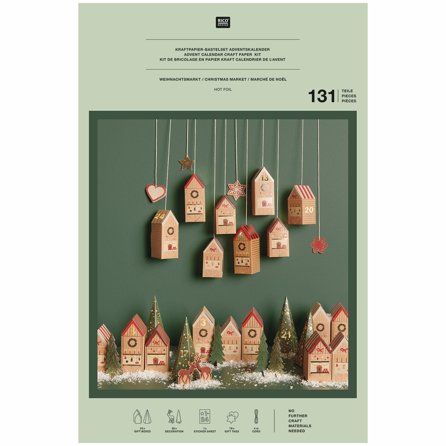 Adventskalender Bastelset von Rico Design Adventskalender Bastelset von Rico Design mit hängenden und stehenden Häusern in festlichem Design auf grünem Hintergrund.