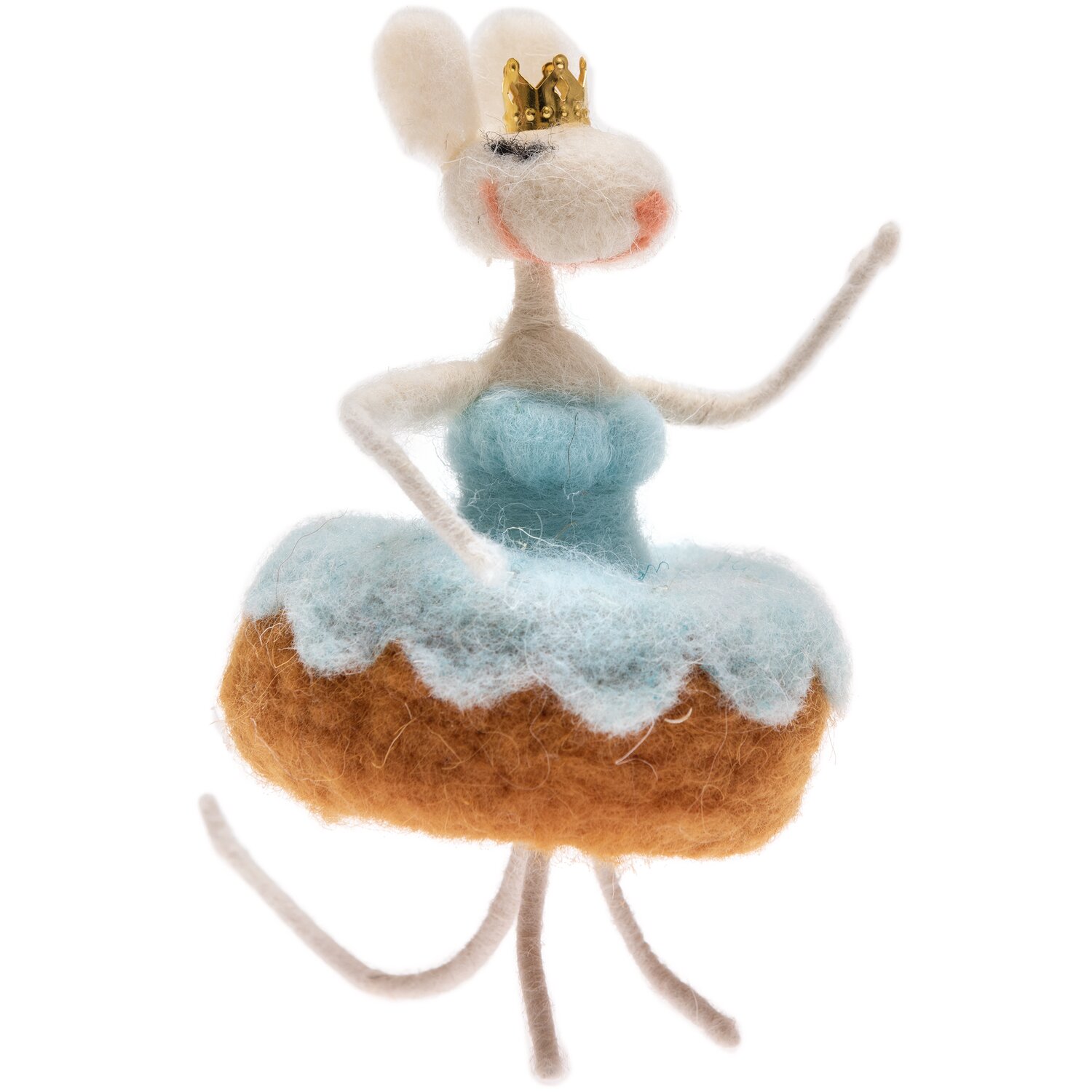 Tanzmaus handgefilzt blau 17cm: Filzmaus mit Krone und blauem Kleid, elegant tanzend.