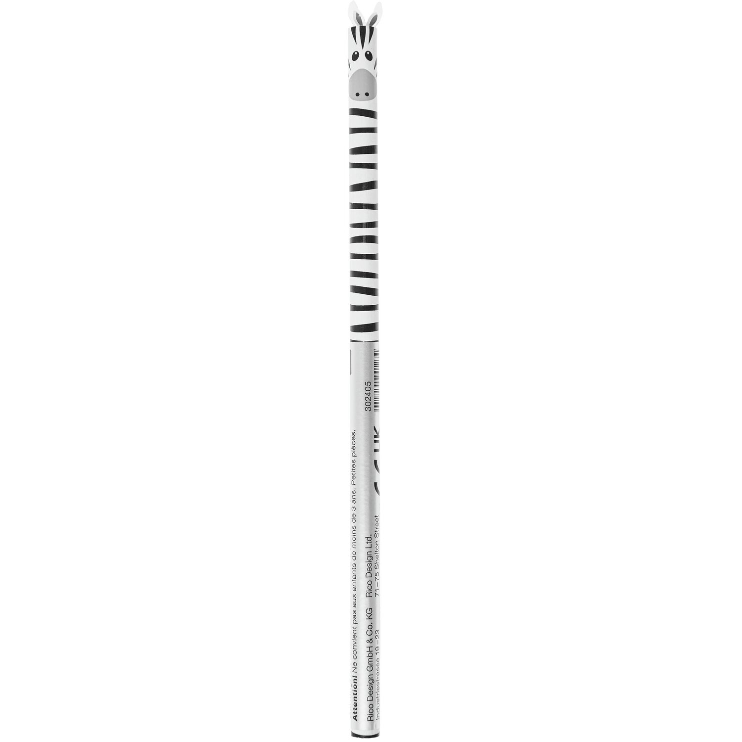 Bleistift Zebra von Rico Design mit schwarz-weißem Zebramuster und niedlichem Zebra-Kopf.