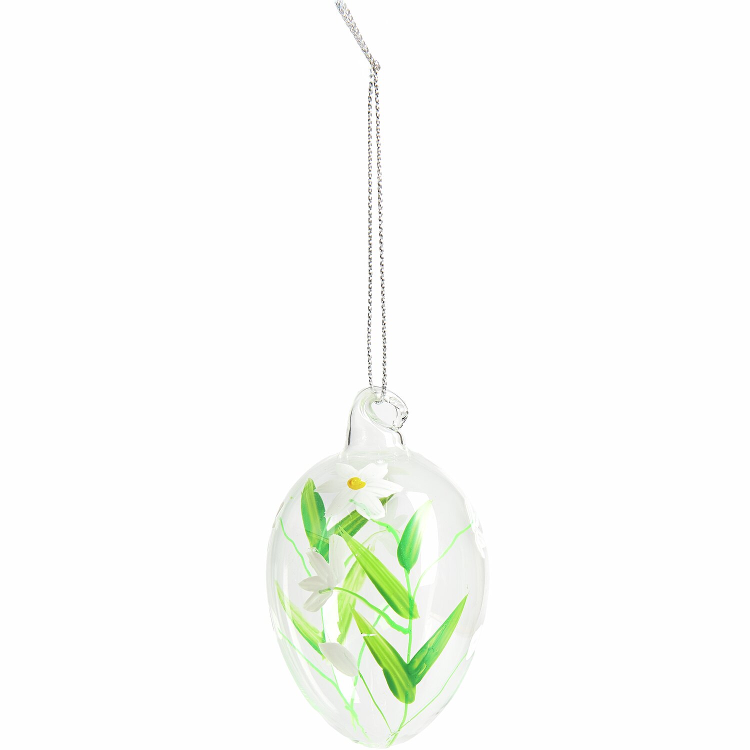 Glas Eier Fliegenpilz/Blumen 4 Stück, dekoratives Glas-Ei mit weißen Blumenmotiven, 8xØ4,5cm, ideal für Frühlingsdekorationen.
