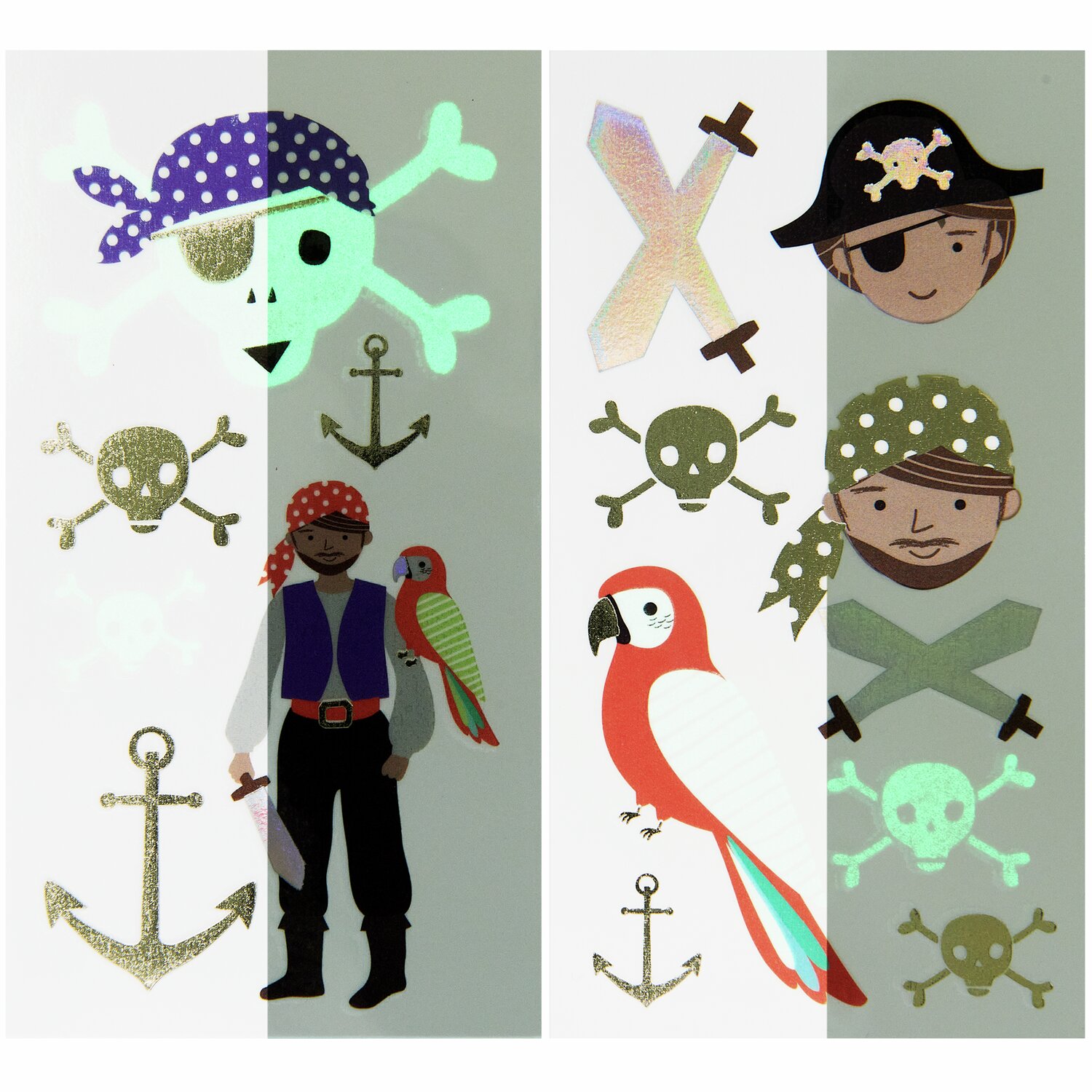 Tattoos Piratenparty, 15-teilig: Bunte Piratenmotive mit Totenköpfen, Papagei und Anker. Perfekt für Kinderfeste.