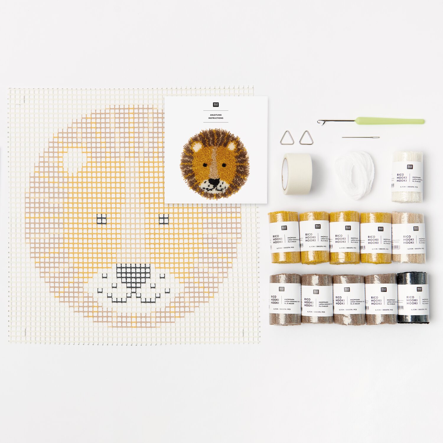 Rico Hooki Hooki Knüpfset Wandbehang Löwe zeigt komplettes Set mit Vorlage, Garnrollen, Werkzeug und Zubehör für runden Löwen-Wandbehang Ø28cm
