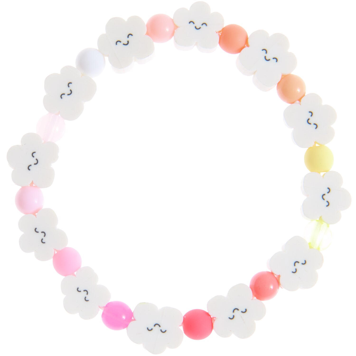 Armband Cloud Sunset mit weißen Wolken und bunten Perlen in Rosa, Gelb und Orange, Länge 17,5 cm. Ideal für fröhliche, verspielte Looks.