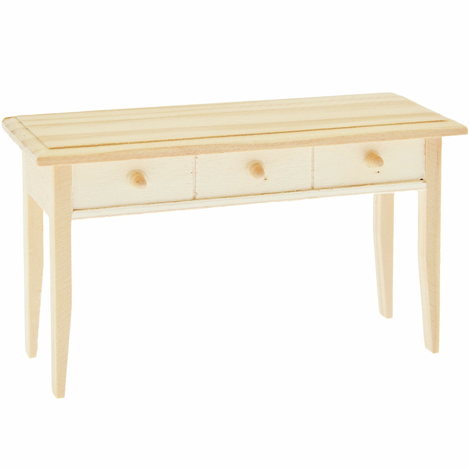 Miniatur Schreibtisch aus hellem Holz mit drei Schubladen, von Rico Design, ideal für Puppenhäuser.